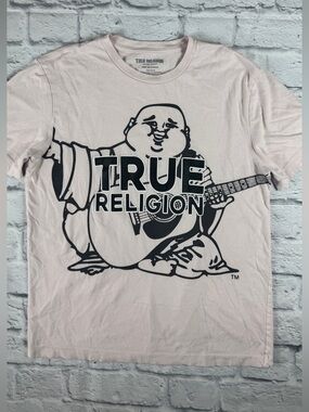 True Religion Buddha Guitar Graphic Tee Pink Logo T Shirt Mens Medium Y2K
